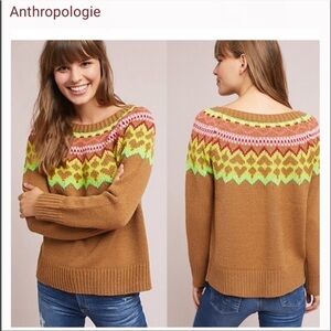 Anthropologie Moth Bright Neon Fair Isle Pullover Crew Neck Sweater Size XS